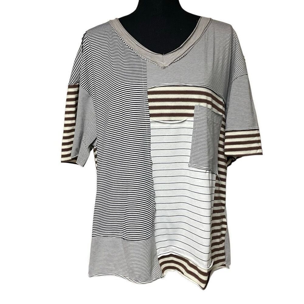 Bohemela Navy White and Brown Mixed Stripe Pocket Tee